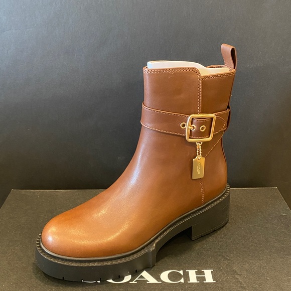 Coach Lacey Dark Saddle Leather Bootie Ankle Short Snow Boots Shoes Flats NEW - Picture 6 of 9